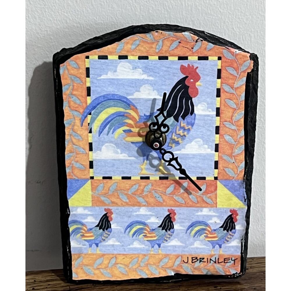 Kitschy Collectible Rooster Natural Edged Slate Wall Clock By J Brinley